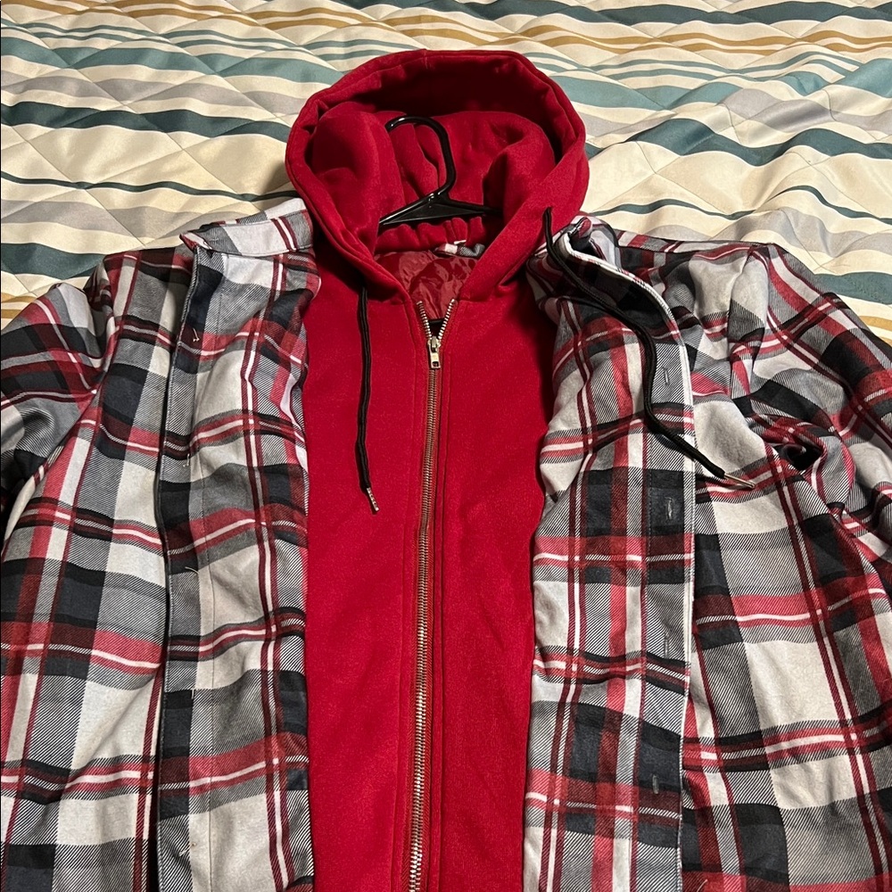 Men's Red and Gray Plaid Shirt Jacket - Picture 2 of 3